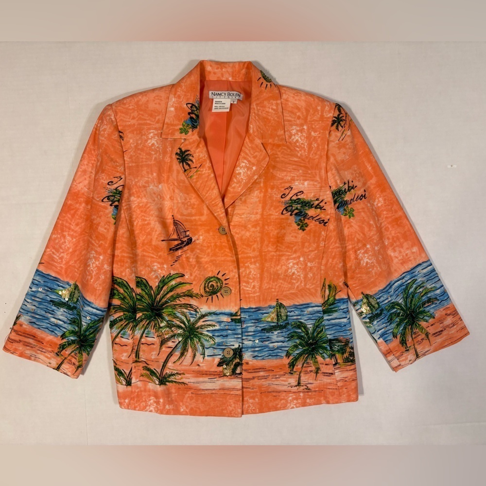 Vintage Nancy Bolen City Girl orange 100% silk blazer jacket tropical print S